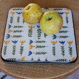 Vintage laminated wooden trivet with yellow, green, and blue flowers