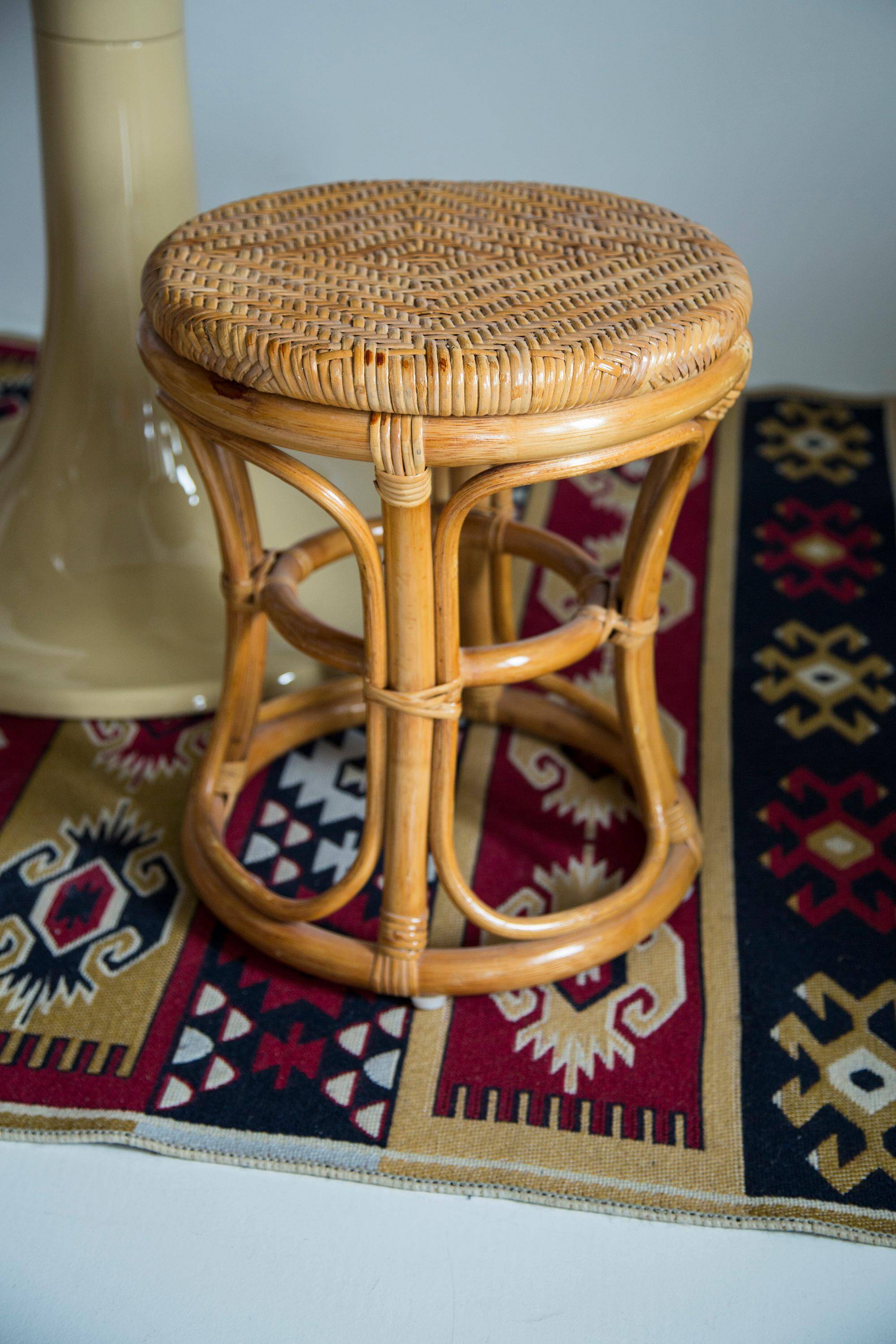 Unique mid-century hand-painted rattan and wood base, stool and side table, Germany, 1970s.