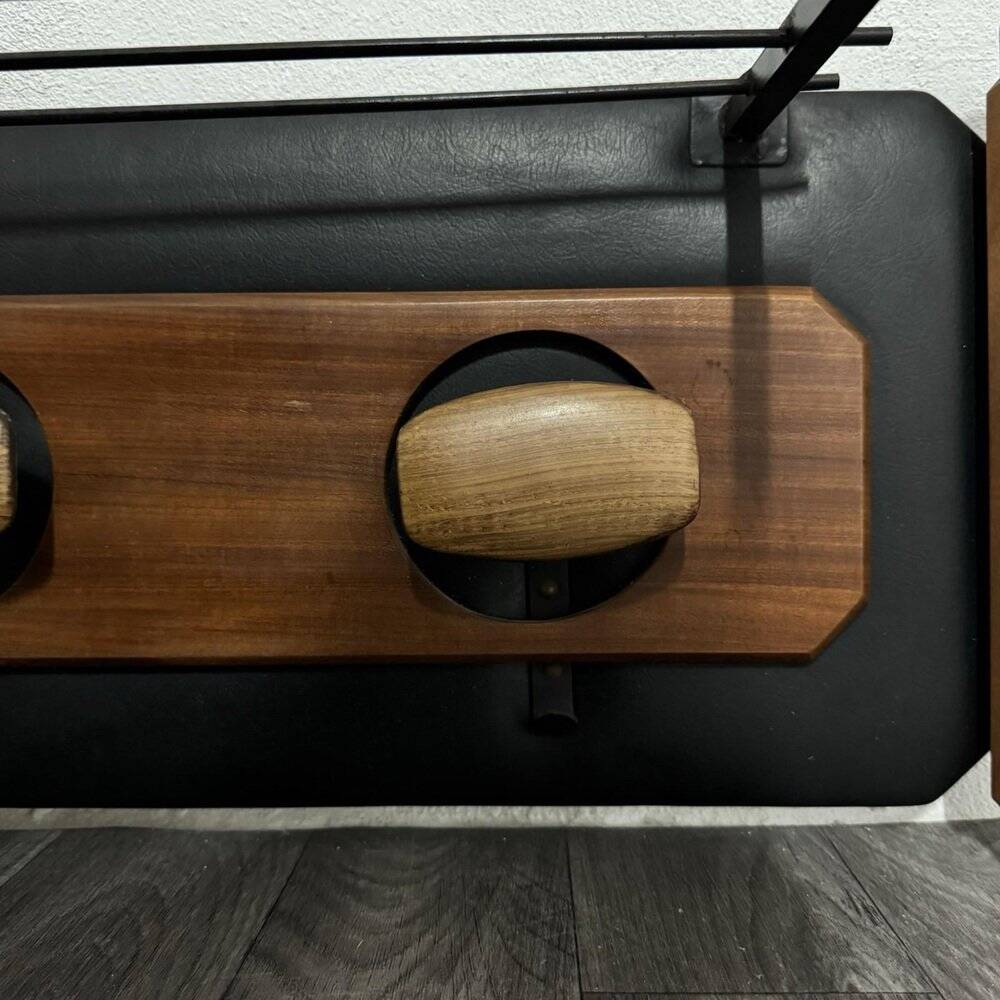 Mid-Century Scandinavian Teak and Leather Wall Coat Rack, 1960s