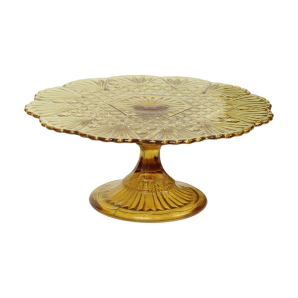 Assiette à gâteau vintage Art déco en verre pressé ambré 30 cm