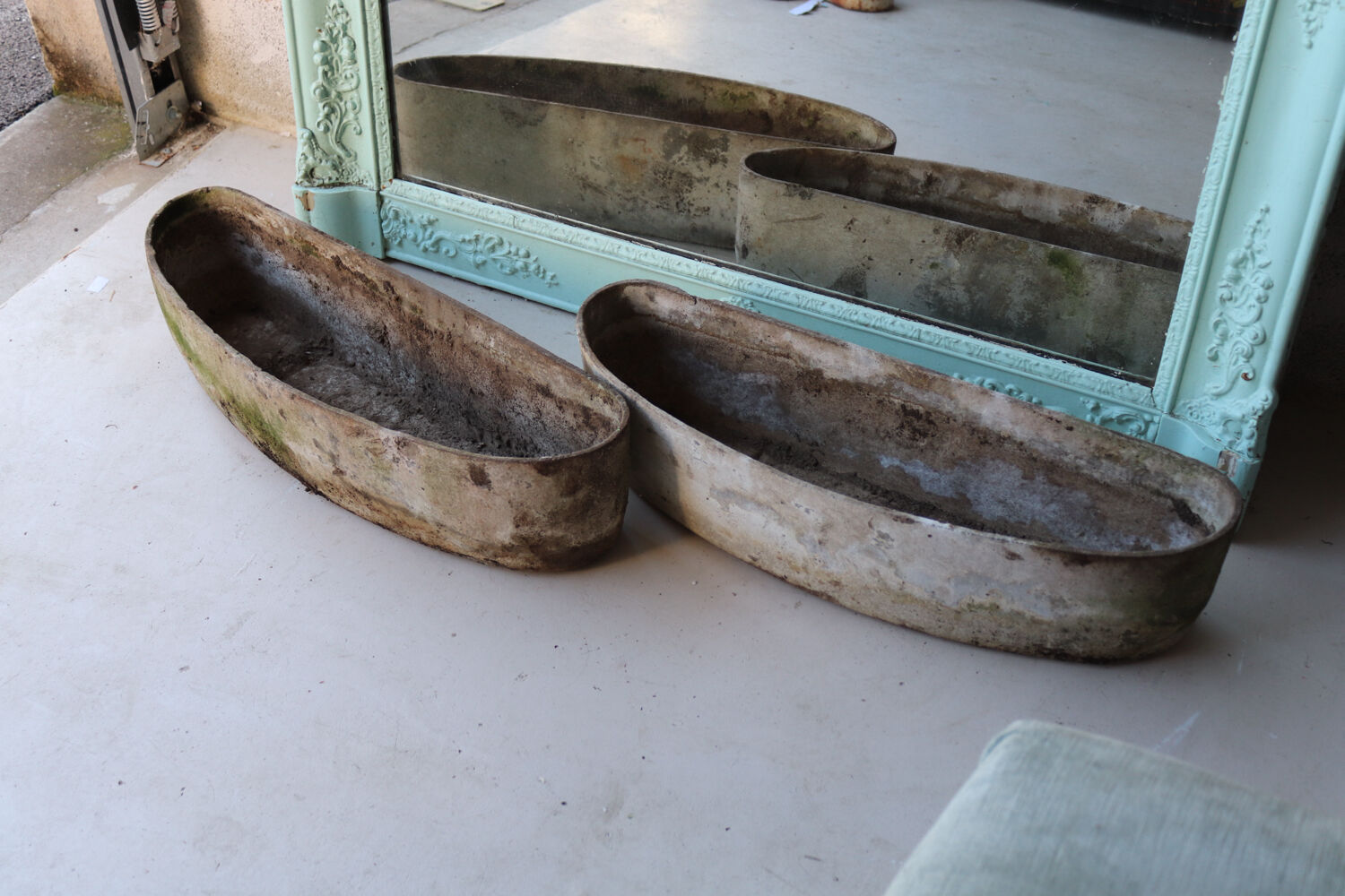 Pair of fibrecement bean-shaped planters