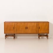 Itaian mid century teak sideboard with black glass top and inlays, 1970s