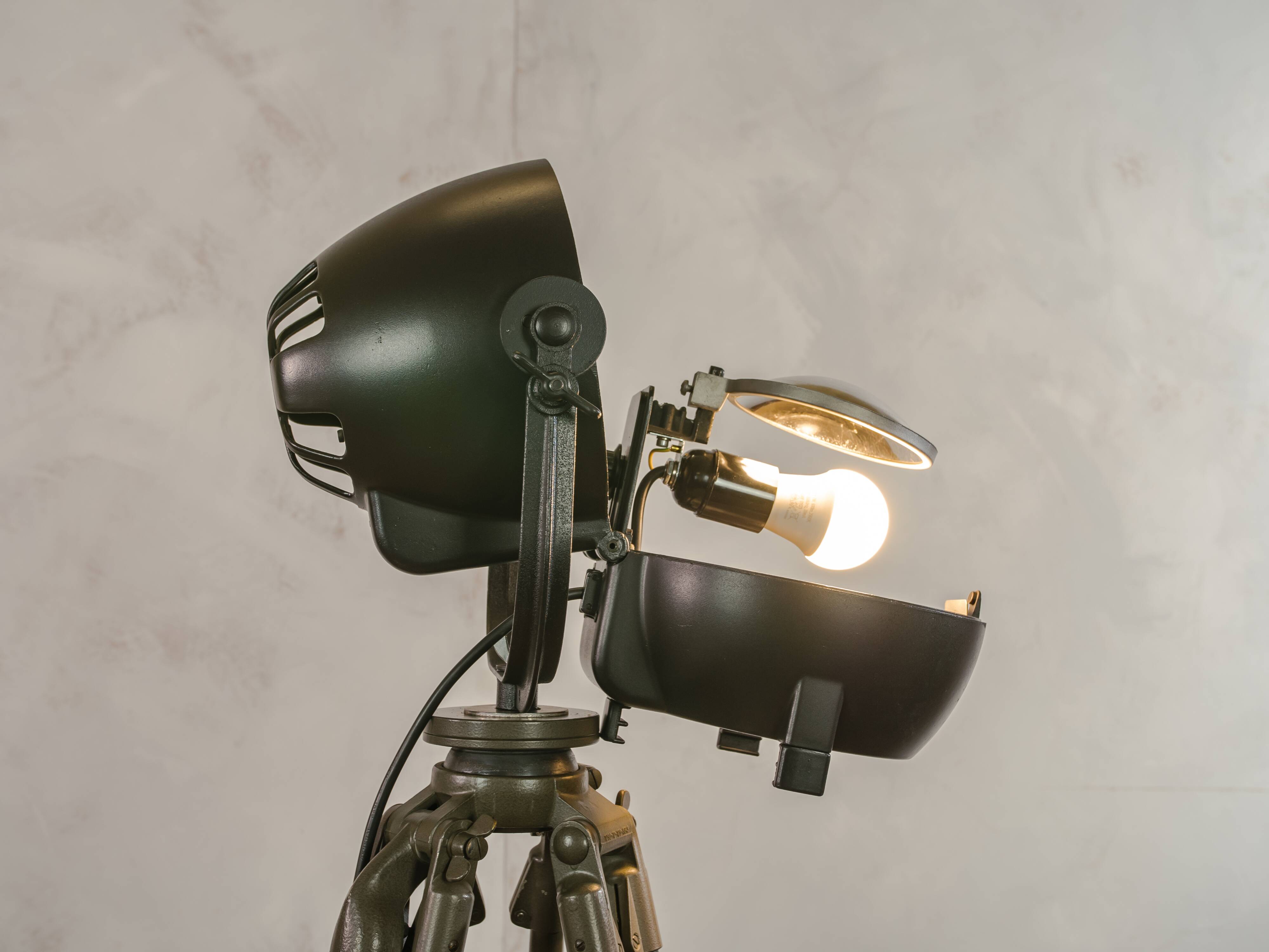 Vintage 1950s Strand Electric Patt 123 Theatre lamp on an old Wooden Army Surveyors Tripod