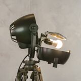 Vintage 1950s Strand Electric Patt 123 Theatre lamp on an old Wooden Army Surveyors Tripod