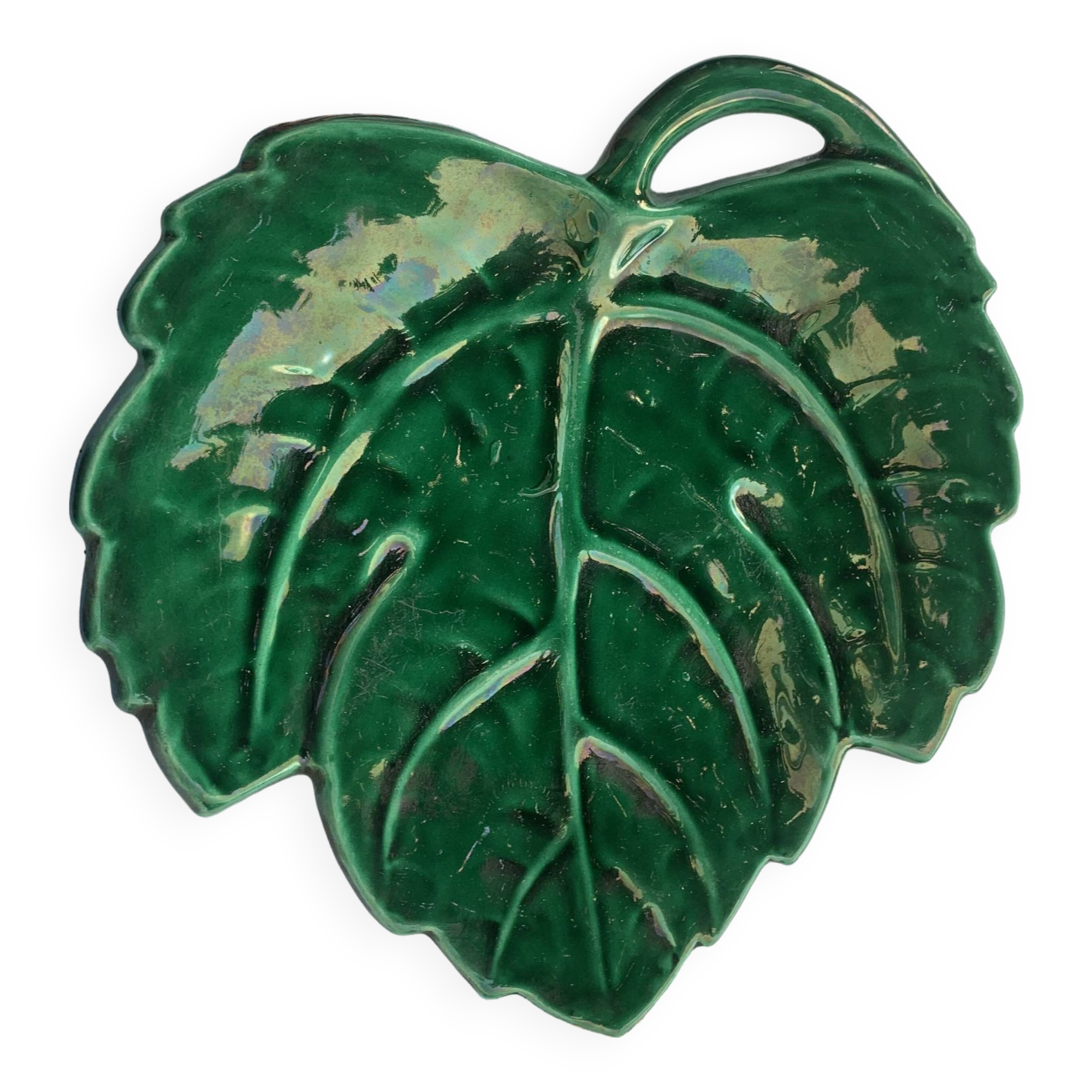 Green enameled ceramic leaf dish, slip, Lunetta vallauris stamps, vintage