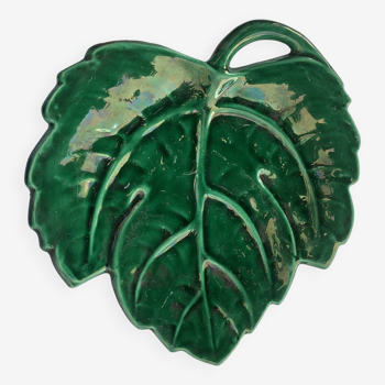 Green enameled ceramic leaf dish, slip, Lunetta vallauris stamps, vintage