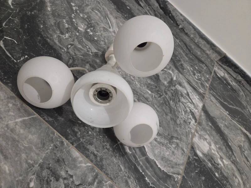 Antique vintage space age white pendant light, 4 opaline glass globes