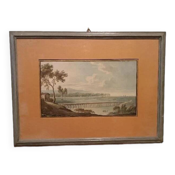 Old watercolour on paper from the early 19th century – landscape with aqueduct