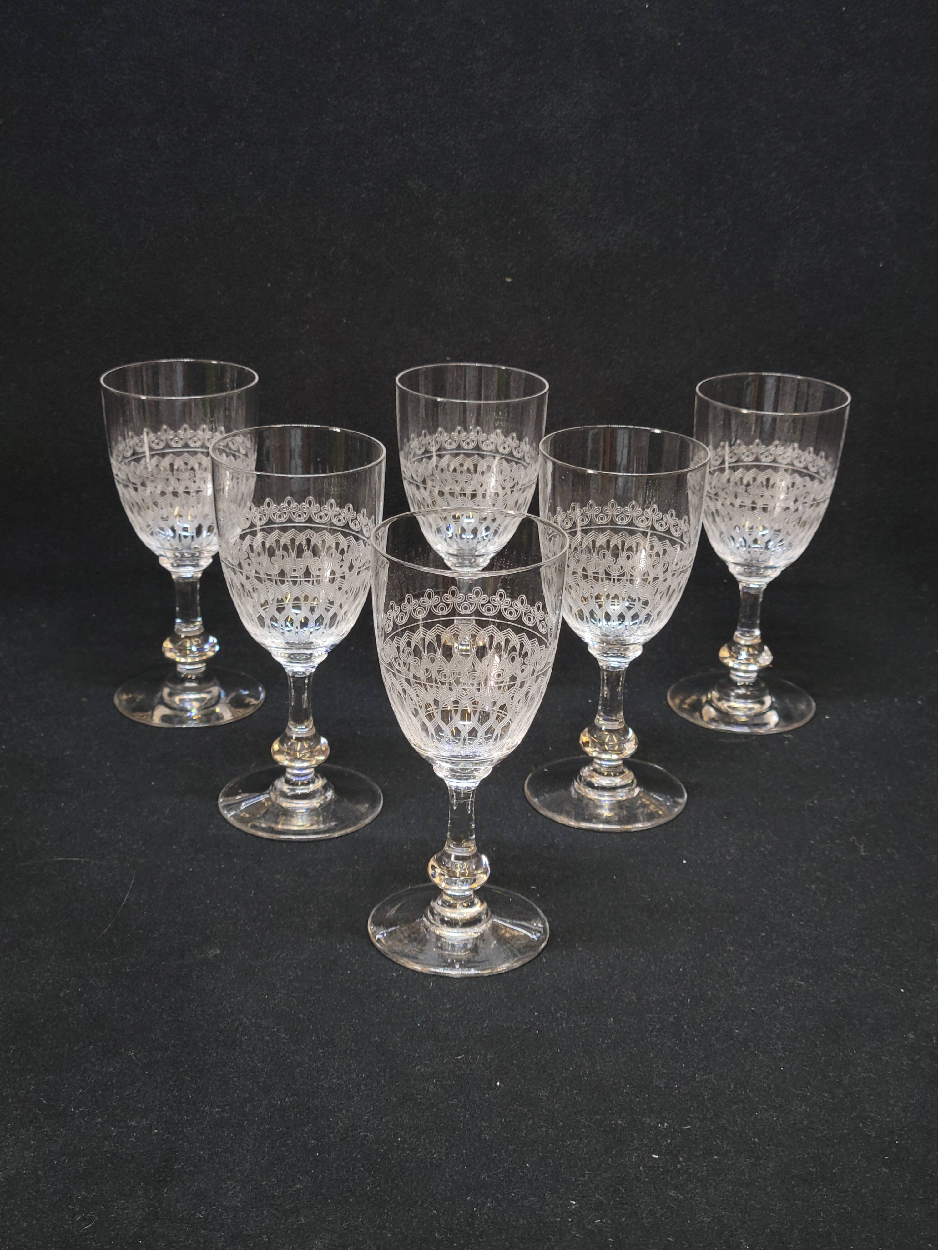 6 Antique Baccarat Crystal Engraved Wine/Port Glasses