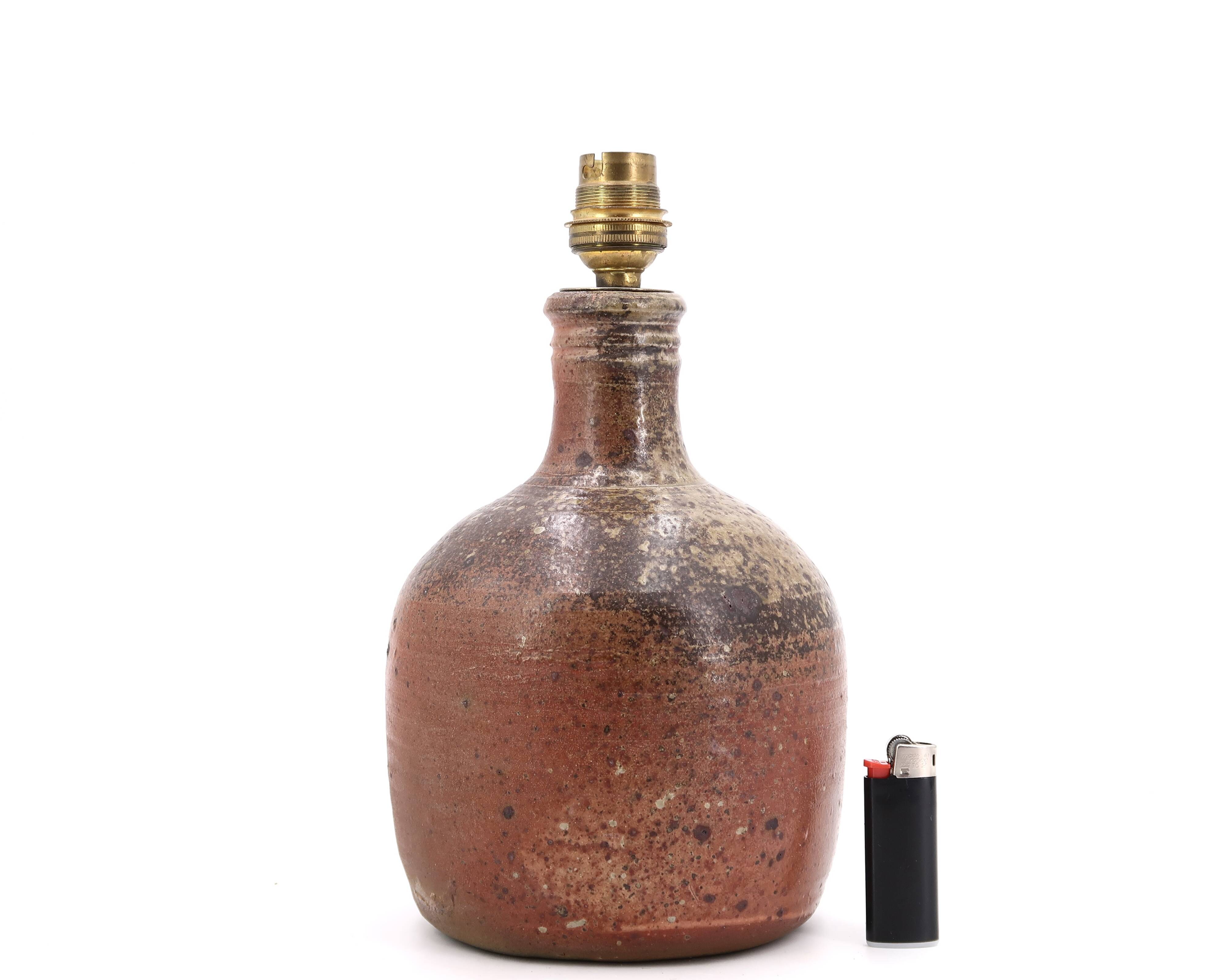 Stoneware lamp with wood firing, raffia lampshade, 1960s