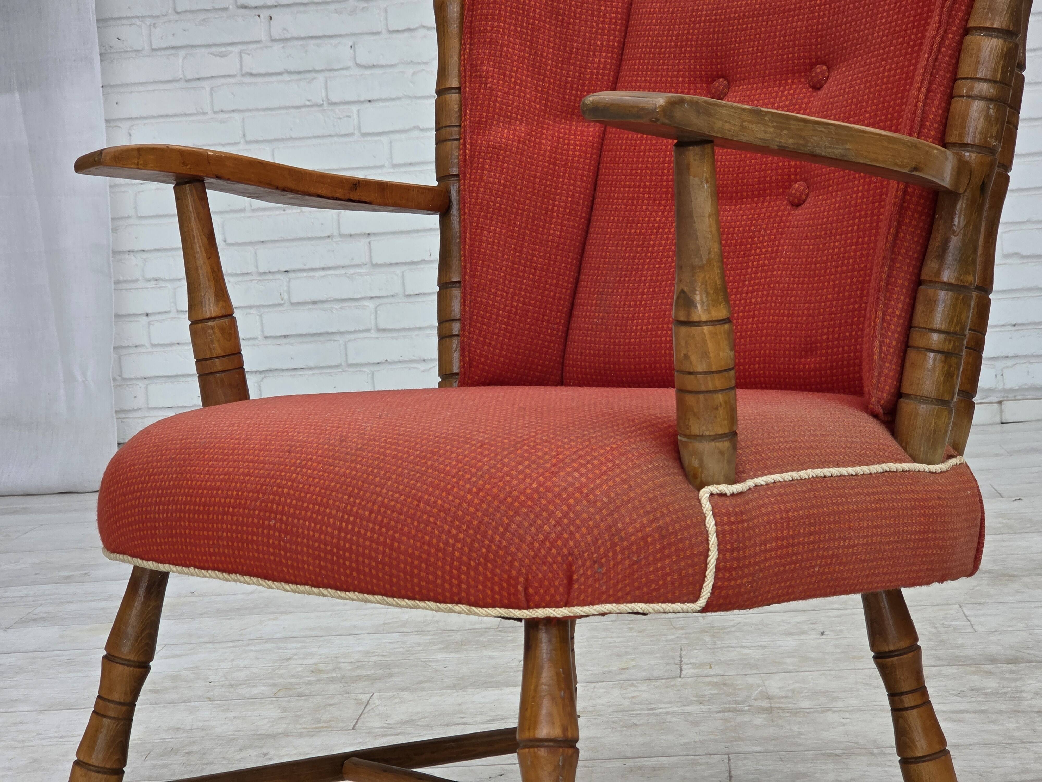 1960s, Scandinavian armchair. Red furniture wool, beech wood.