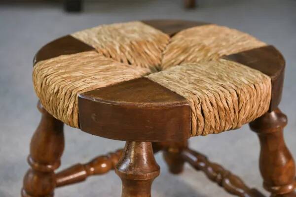 Brutalist stool in beech and rush 1960s
