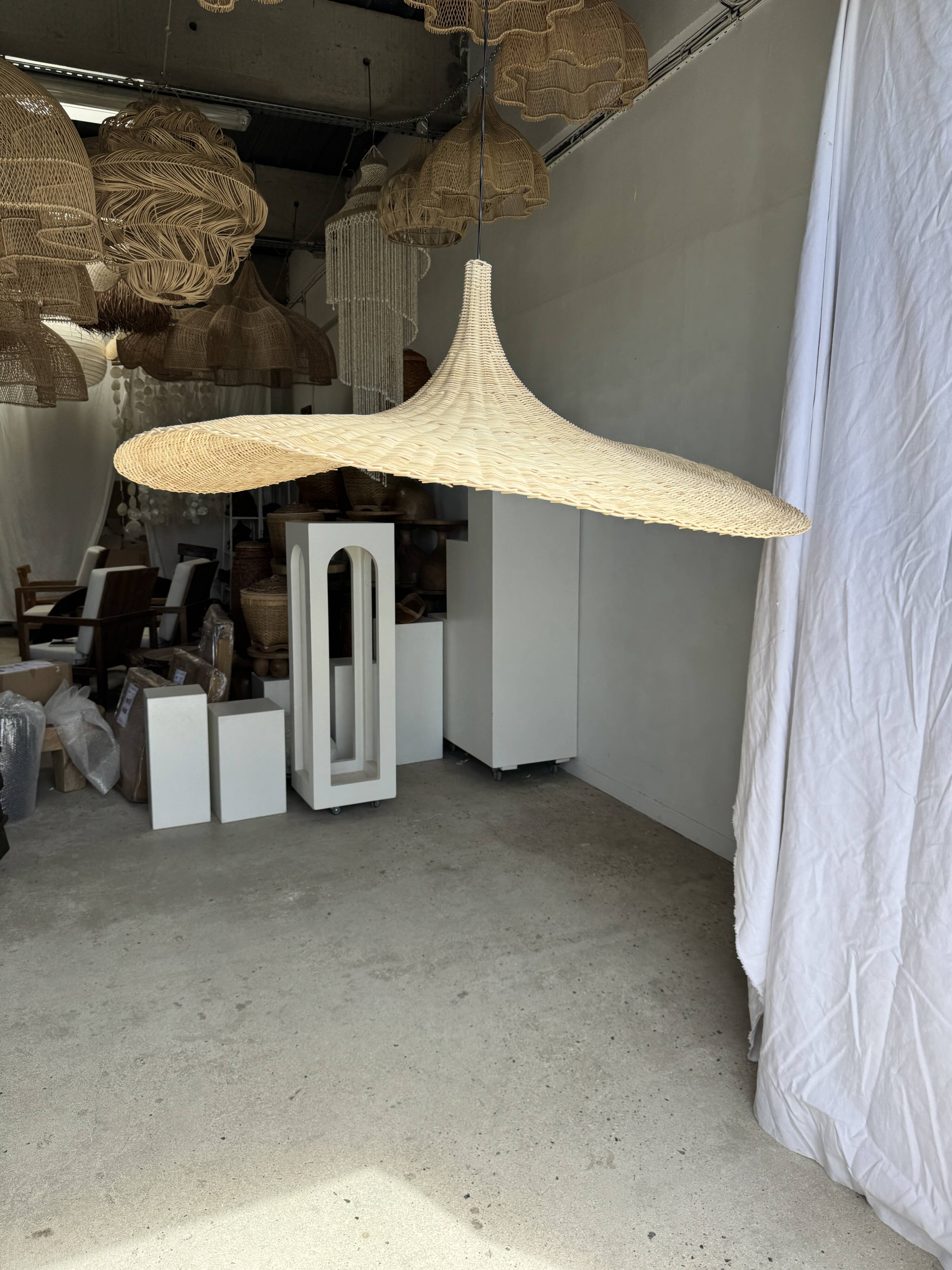 Very large rattan pendant light in the shape of a hat D125 H50