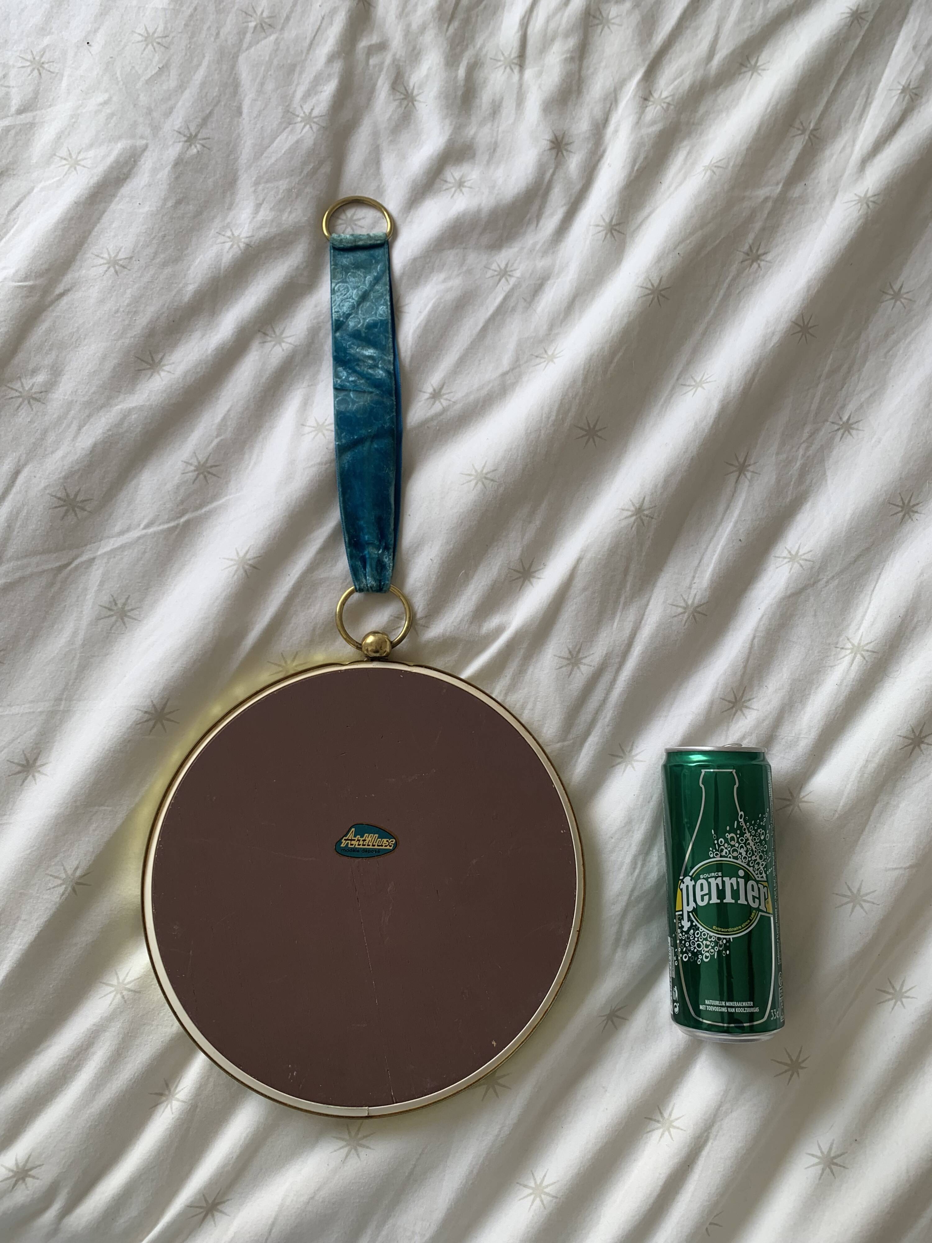 Vintage 1960s witch's eye mirror, turquoise velvet, sunburst effect - 24 x 54 cm