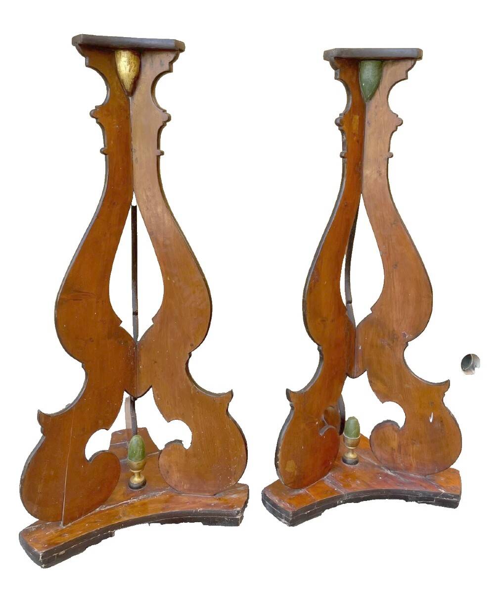 Large pair of late 18th/early 18th century painted wooden candlesticks, bases, tripods