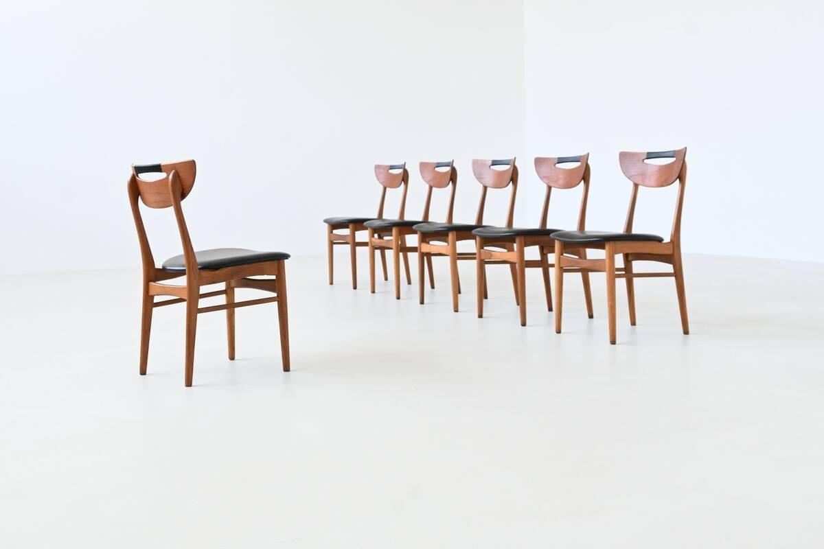 Set of six Danish dining chairs in teak and faux leather Denmark 1960