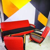 Vintage Rockabilly living room set, sofa bed and armchairs.
