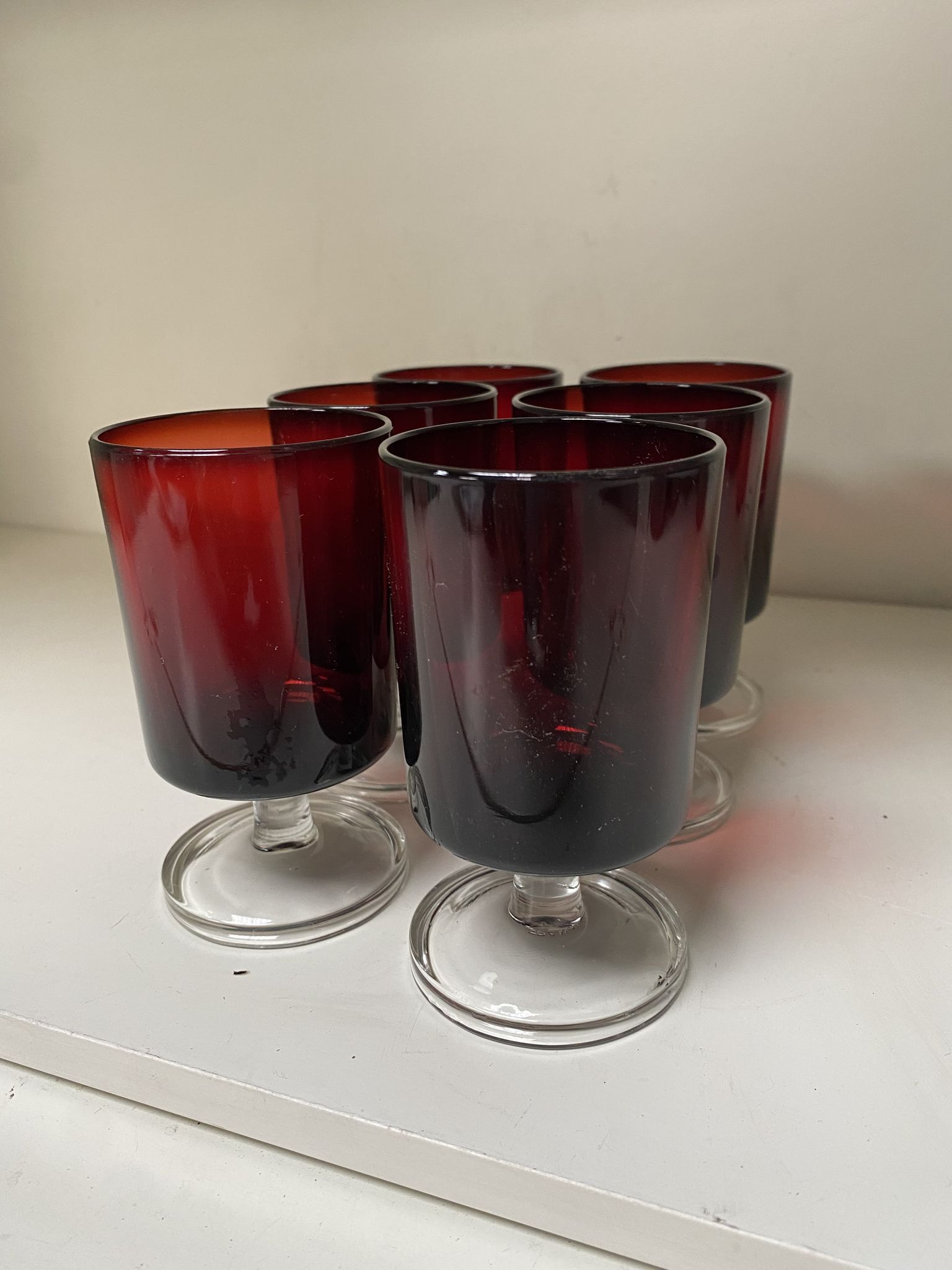 Set of 6 vintage red foot glasses