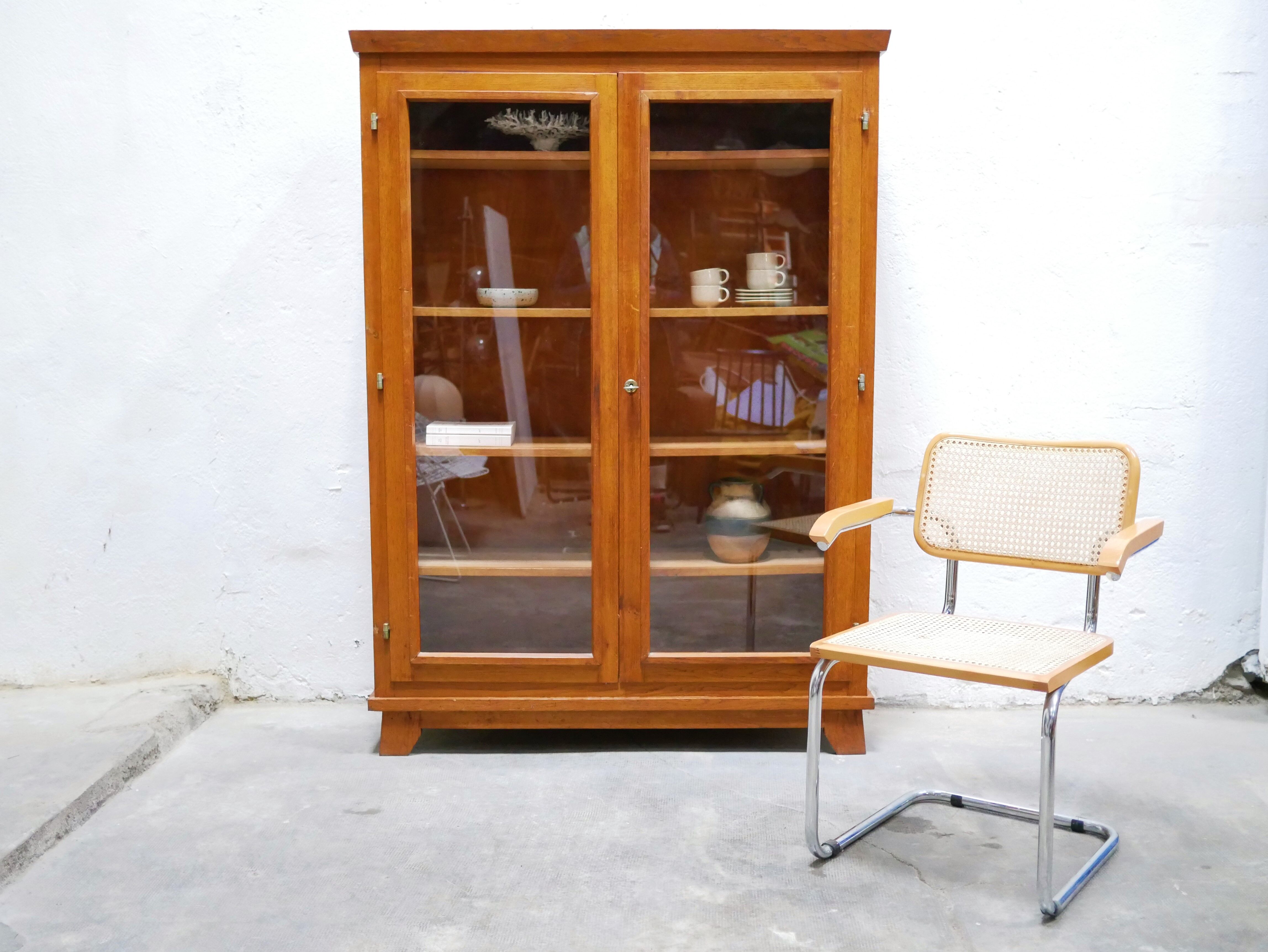 Vintage wooden glass bookcase cabinet