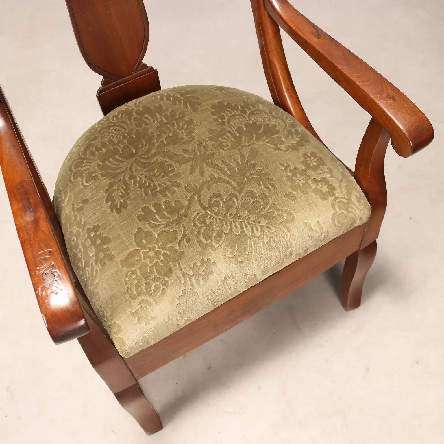 Antique Charles X armchair in walnut and fabric, Italy, mid-19th century.