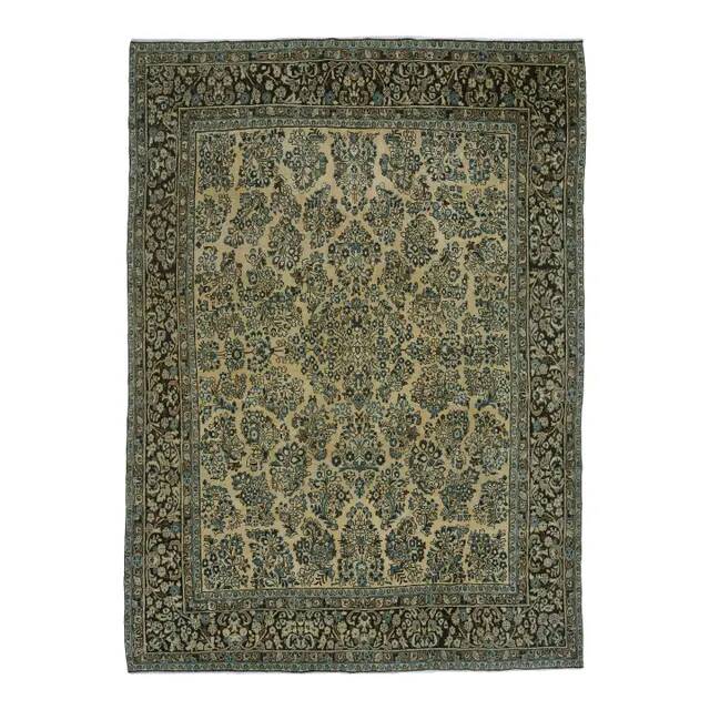 1970s Vintage Persian Handmade Wool Cotton Green Area Rug 265x368