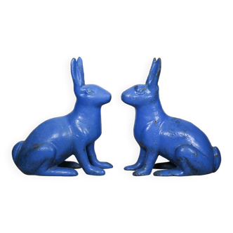 Pair of Sculptural Antique Figural Blue Painted Cast Iron Rabbit Doorstops