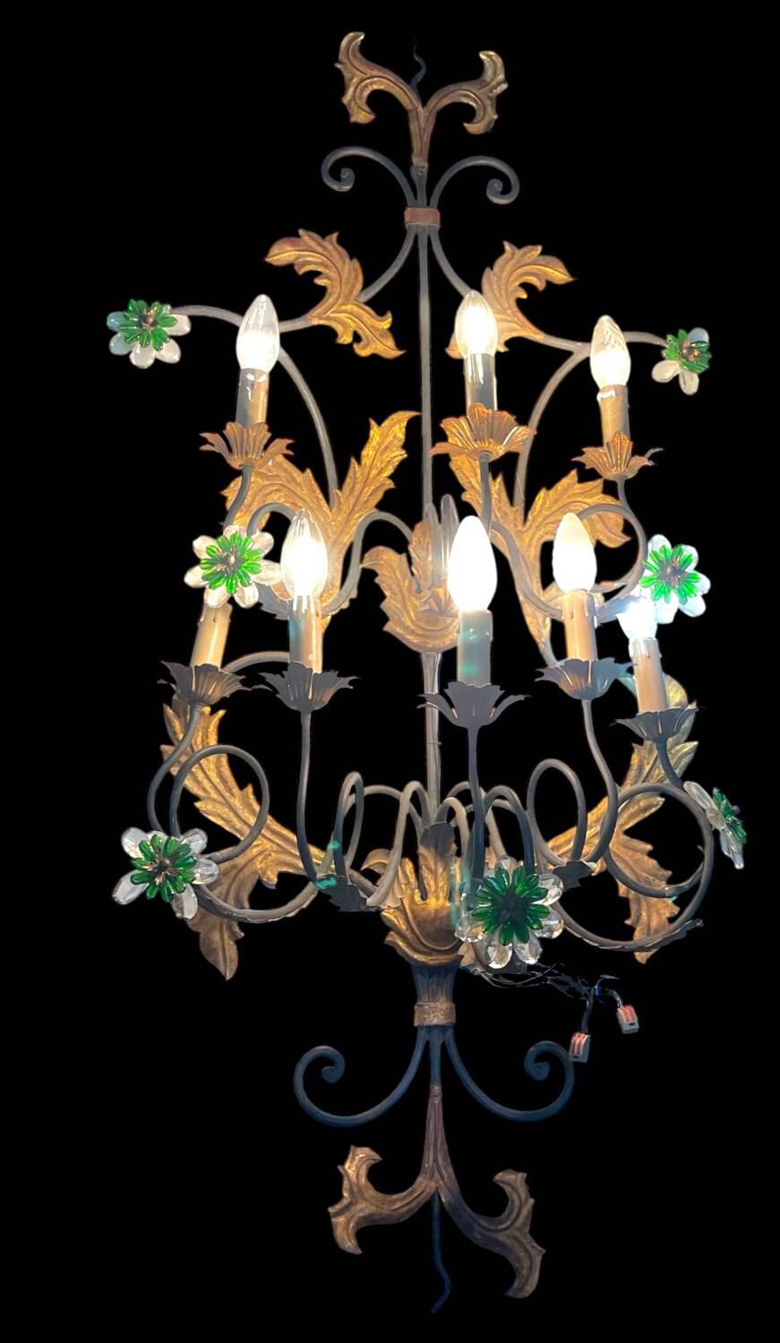 Extra Large Italian Tole Wall Light Sconce with Murano Glass Flowers