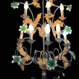 Extra Large Italian Tole Wall Light Sconce with Murano Glass Flowers