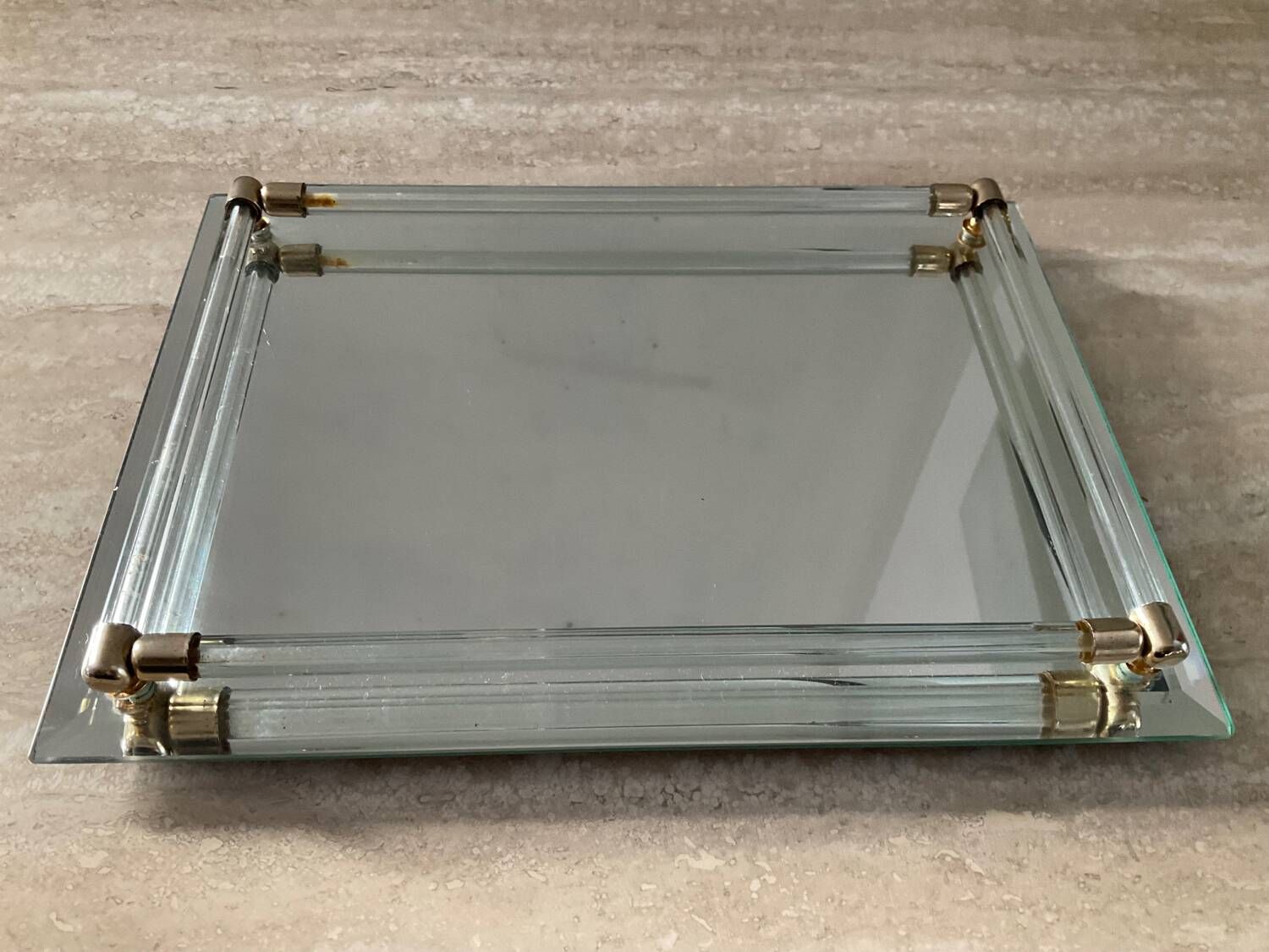Vintage tray in glass, brass and beveled mirror 70s