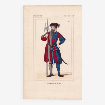 Gravure Couleur XIXe 1840 Garde Suisse du Roi Henri III Uniforme Costume
