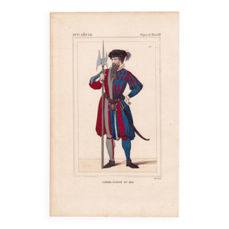 19th Century Color Engraving 1840 Swiss Guard of King Henry III Uniform Costume