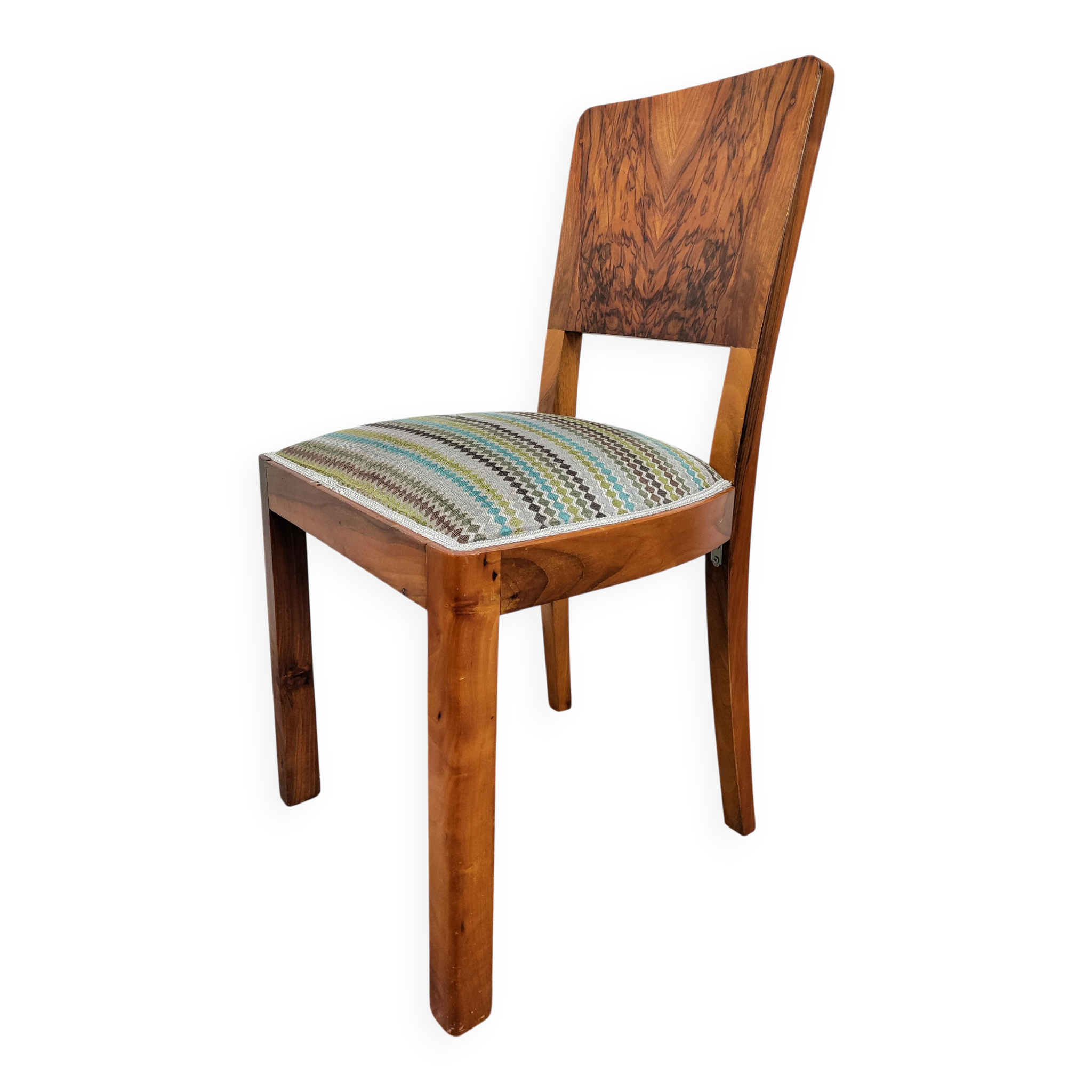 Set of six Art Deco dining chairs in walnut root veneer, 1940s.