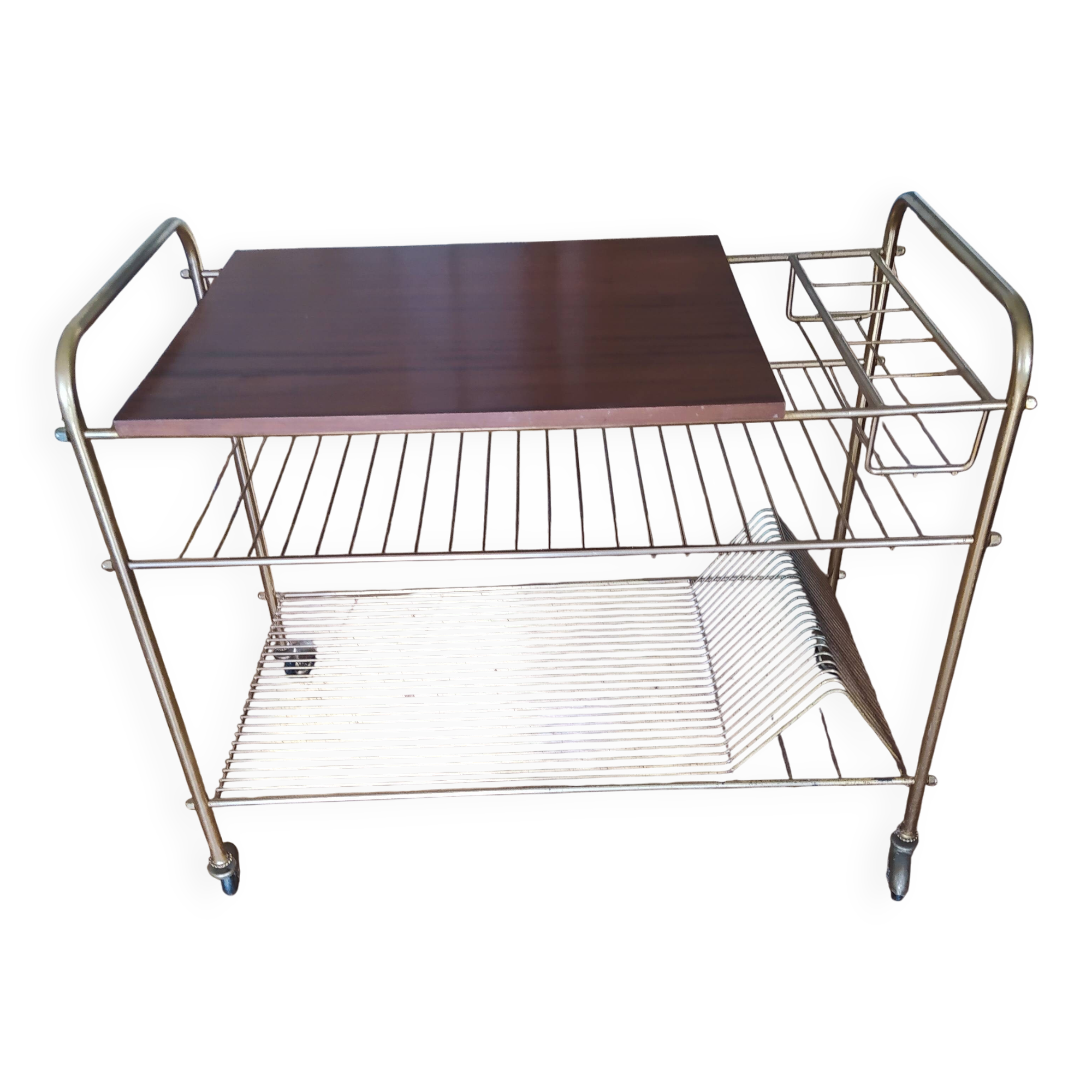 wooden and brass vinyl door trolley from the 1960s/1970s