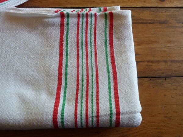 Nappe ancienne 1920/1930 lin beige losanges et rayures rouges et vertes + serviettes