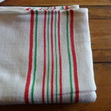 Nappe ancienne 1920/1930 lin beige losanges et rayures rouges et vertes + serviettes