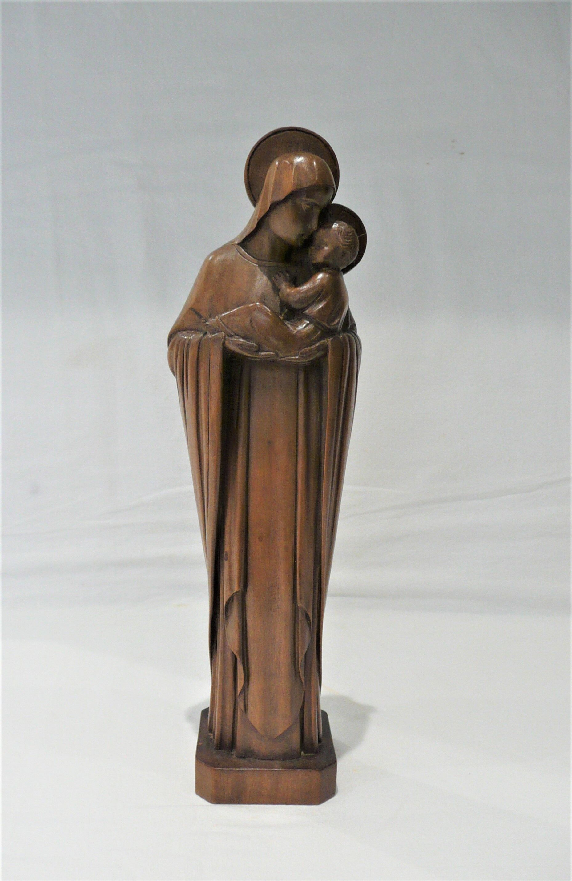 Sculpture wood virgin and child signed