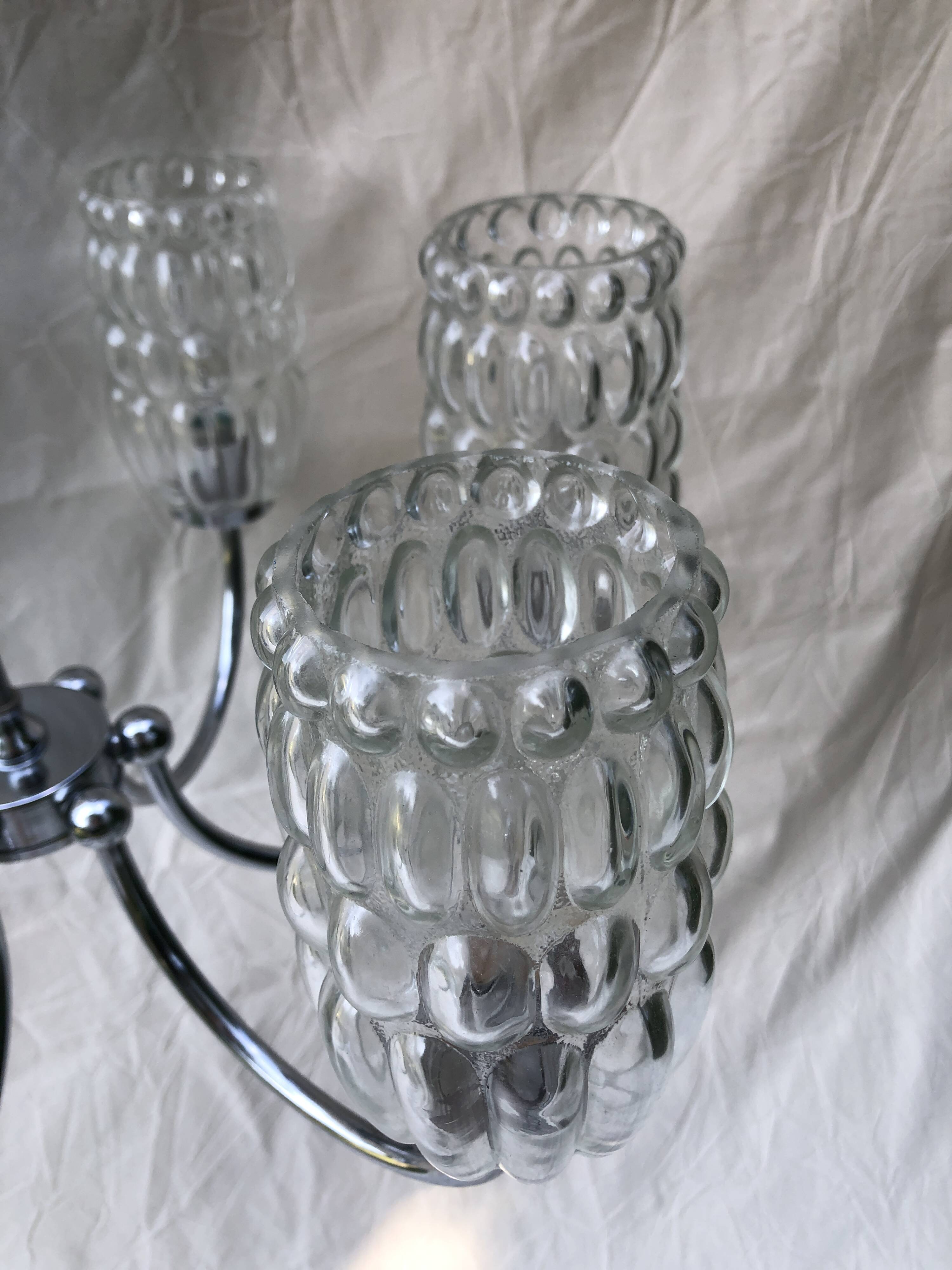 6-branched chrome chandelier & glass lampshades