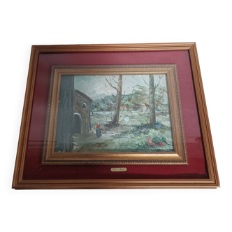 Tableau huile sur toile ou carton signée R. Monti Paysage de campagne