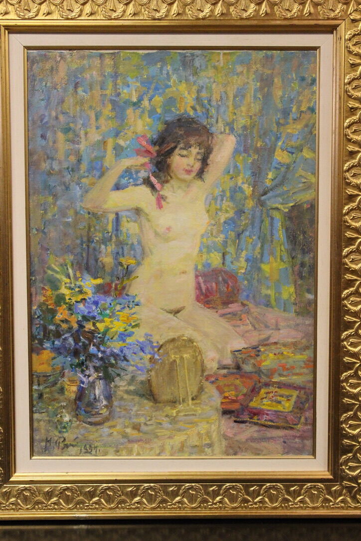 Oil on canvas young woman with a pink knot by riasnianski