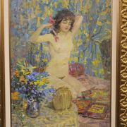 Oil on canvas young woman with a pink knot by riasnianski