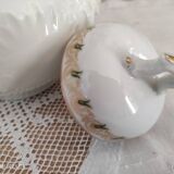 White porcelain sugar bowl decoration in relief and green and gold frieze