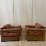 Pair of Cognac Leather Club Armchairs & Wood - Italian Design - 1970s