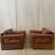 Pair of Cognac Leather Club Armchairs & Wood - Italian Design - 1970s