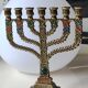 Menorah/Hebrew Candlestick with 7 branches. Astrological signs. Hanukkah. In patinated brass old gold
