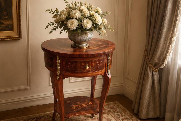 Vintage side table inlaid with Asian motifs and gilded bronze.