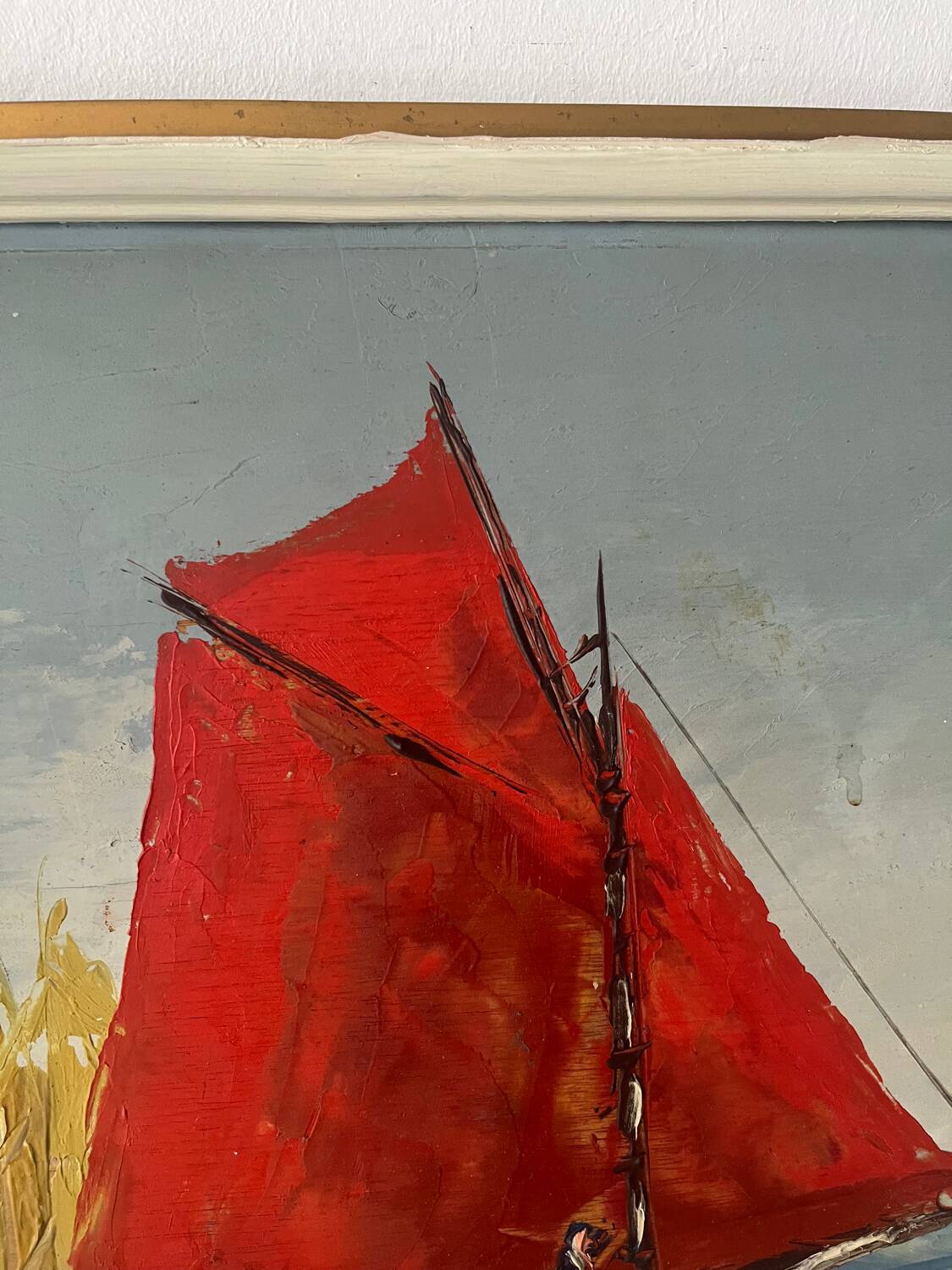 Marine, "Red Sail" technique with knife on panel signed Riccy.