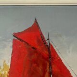 Marine, "Red Sail" technique with knife on panel signed Riccy.