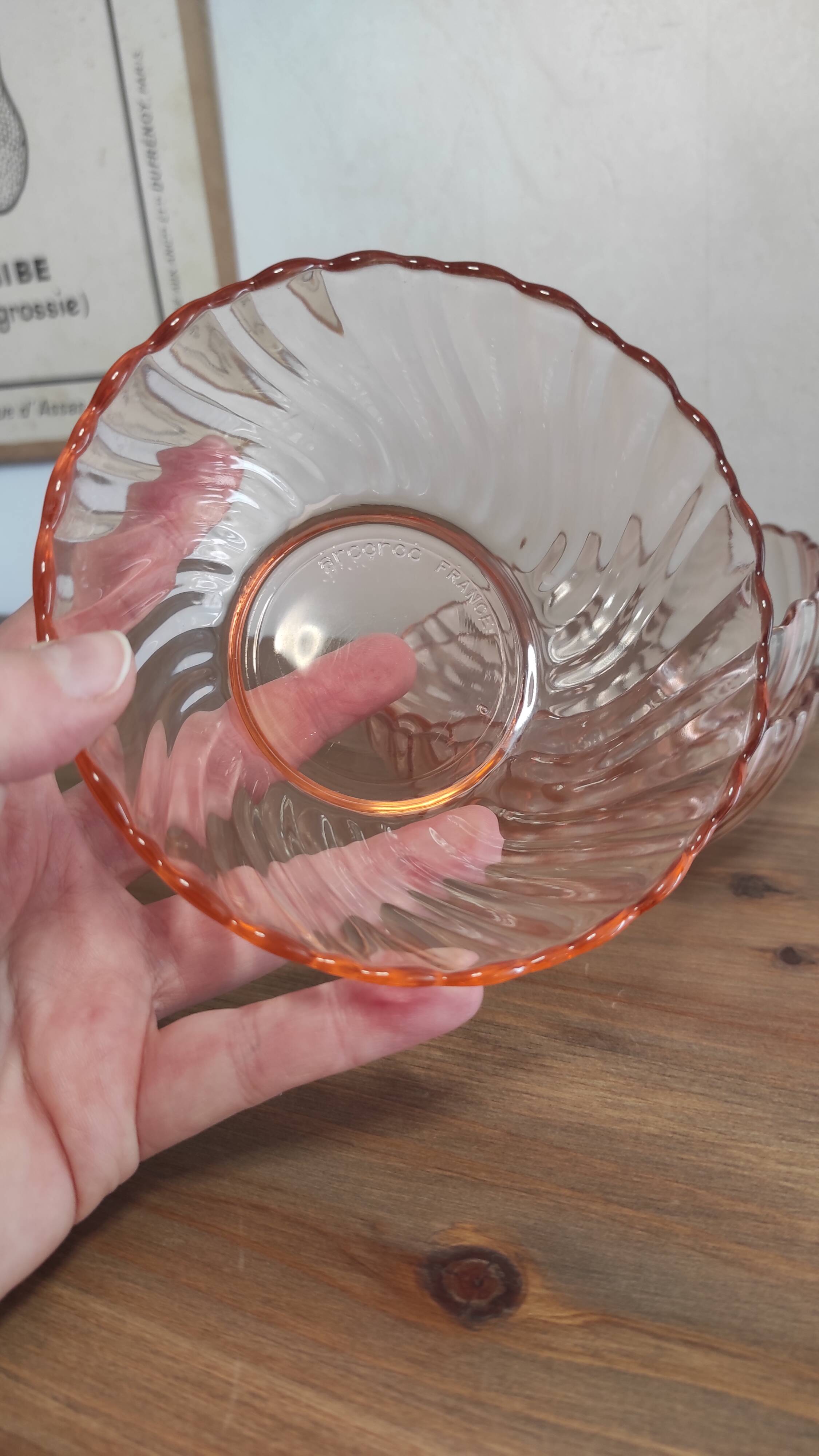 Set of 3 vintage Rosaline bowls in translucent pink glass