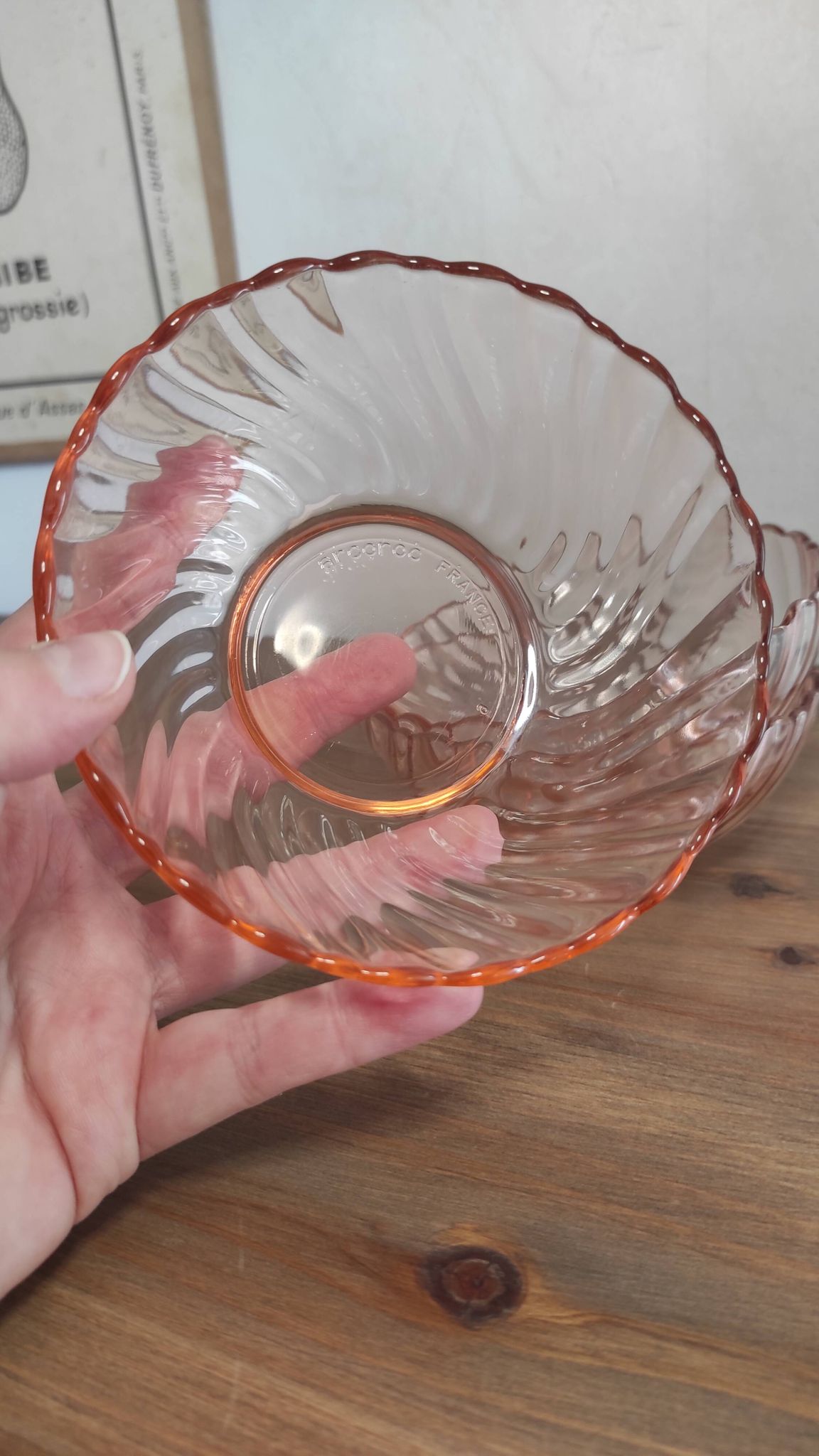 Set of 3 vintage Rosaline bowls in translucent pink glass