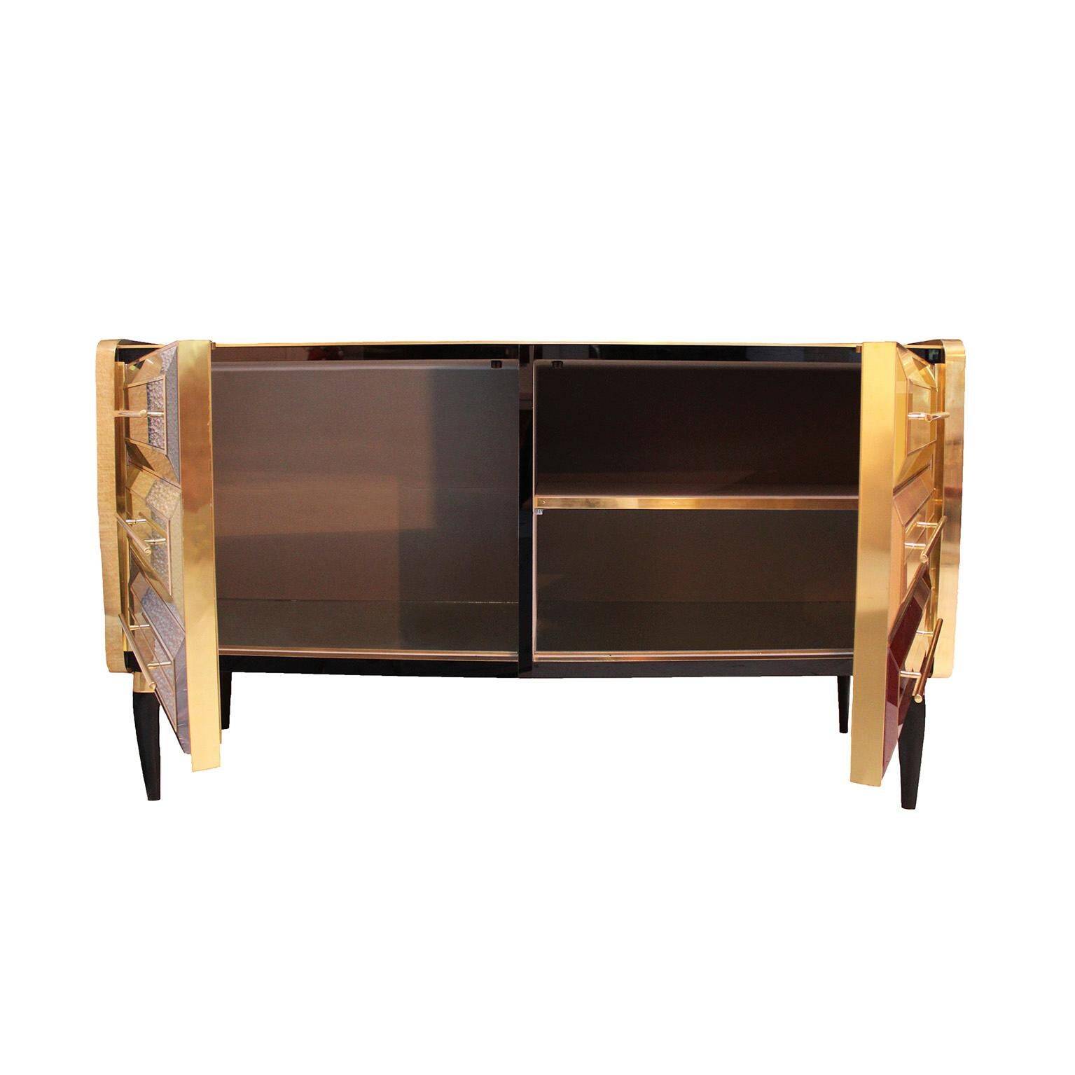 Mid Century Solid Wood And Colored Glass Bar Furniture, Italy 1950's
